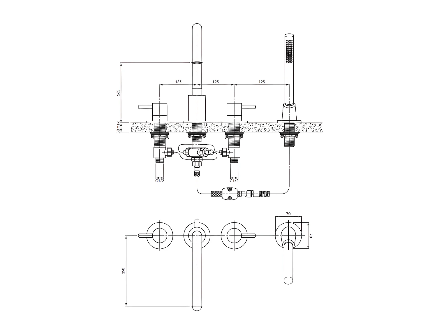 Mélangeur de bain 4 trous  Y Couleur: nickel