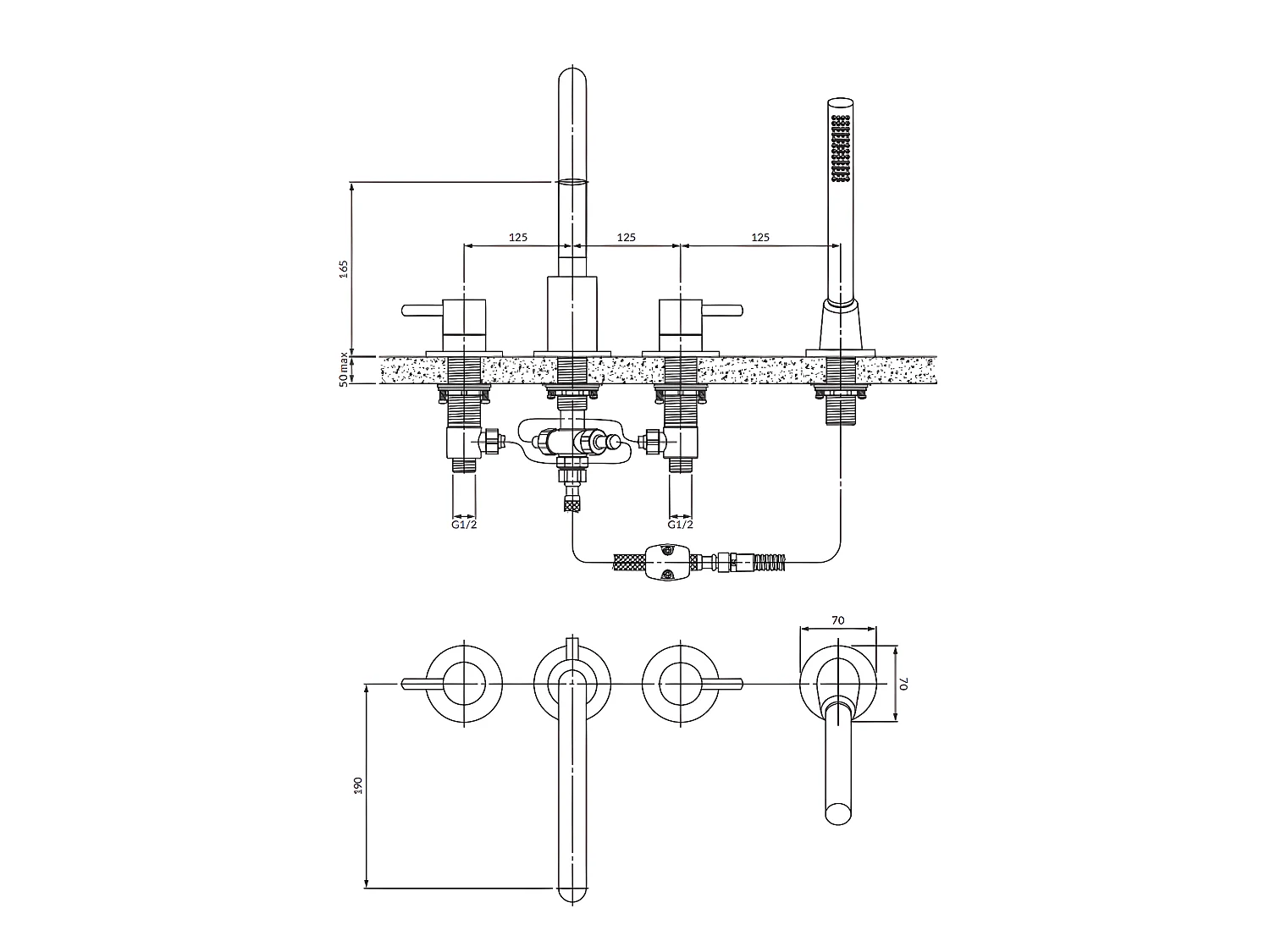 Mélangeur de bain 4 trous  Y Couleur: nickel