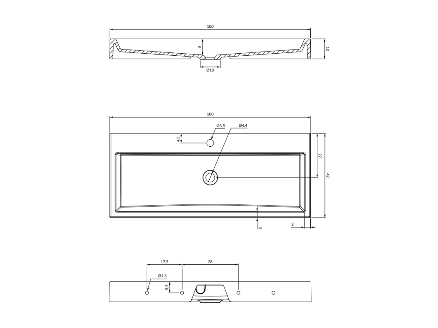 Vasque murale THASOS 100 x 42 cm blanc brillant  bonde de vidage incluse