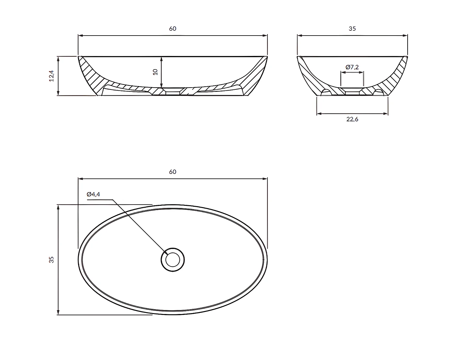 Vasque à poser SIENA GRIS  60 x 35 cm  blanc- gris brillant  bonde de vidage blanche incluse