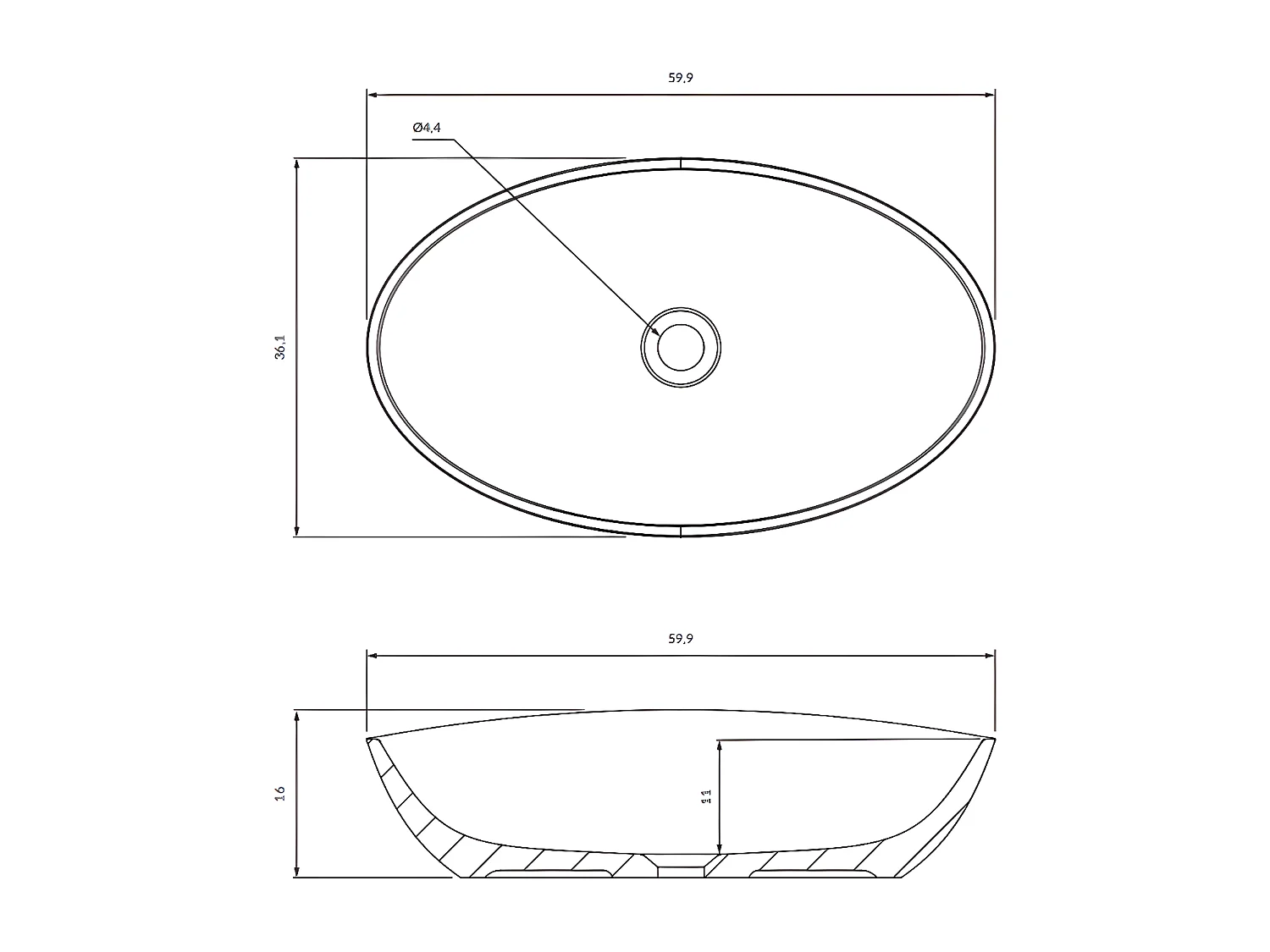 Vasque à poser BARCELONA  60 x 36 cm  blanc brillant  bonde de vidage blanche incluse