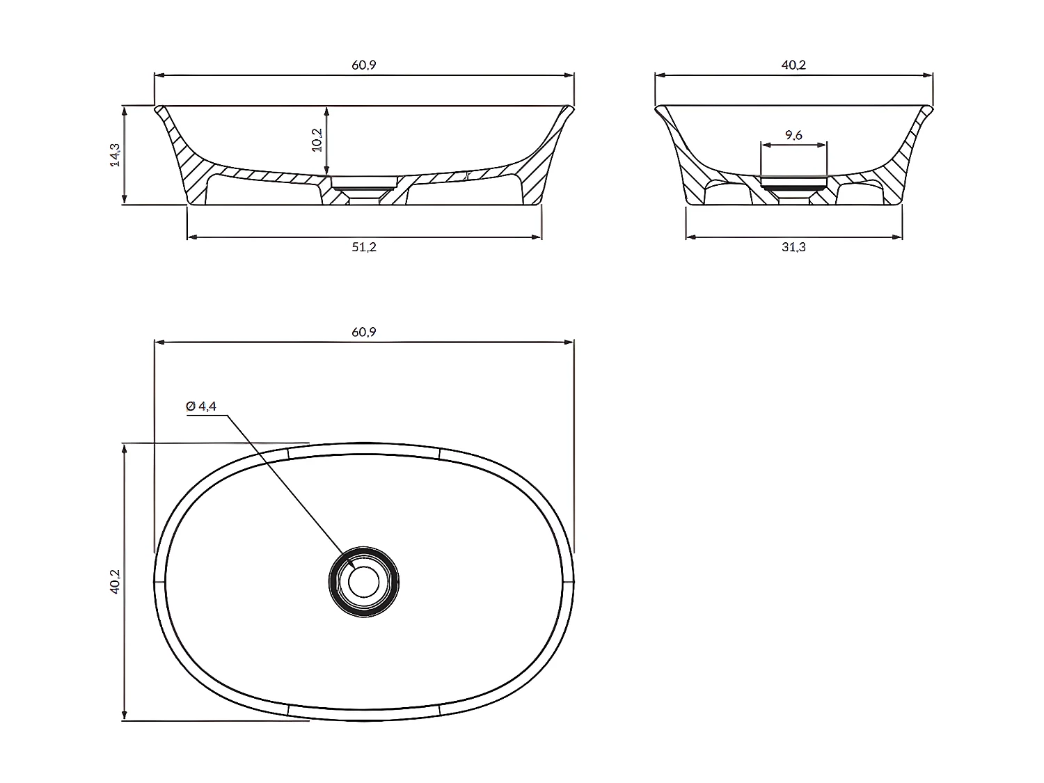 Vasque à poser, 61 x 40 cm CLASSIC blanc brillant bonde de vidage incluse