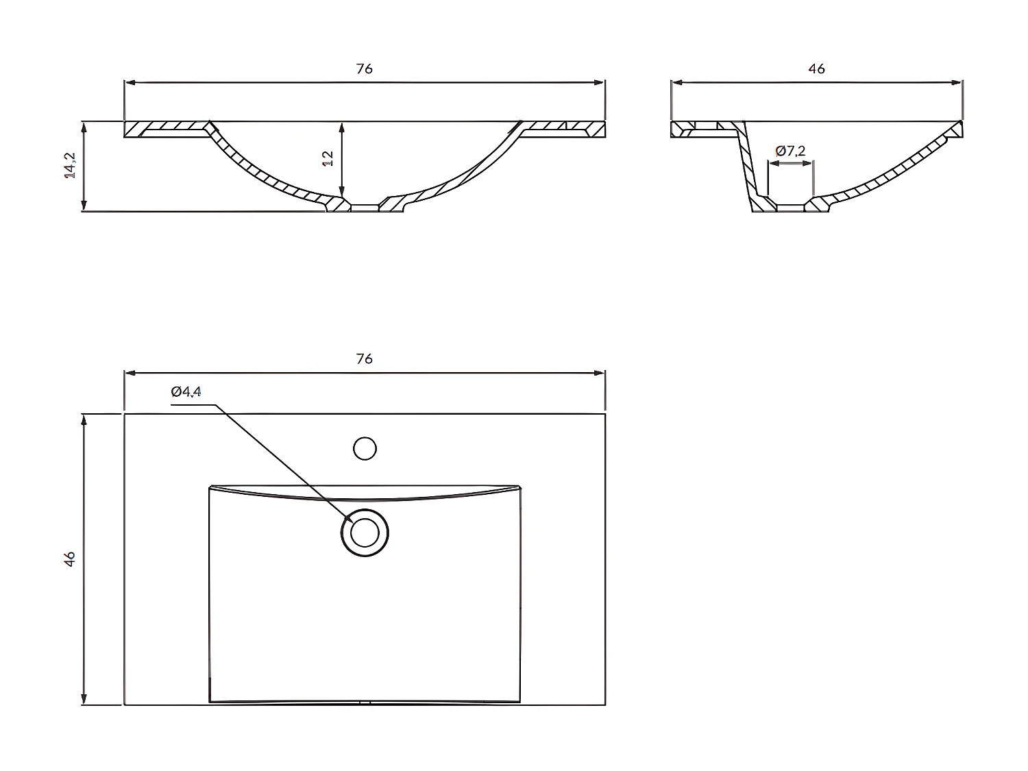 Vasque 76 x 46 cm blanc brillant  bonde de vidage incluse