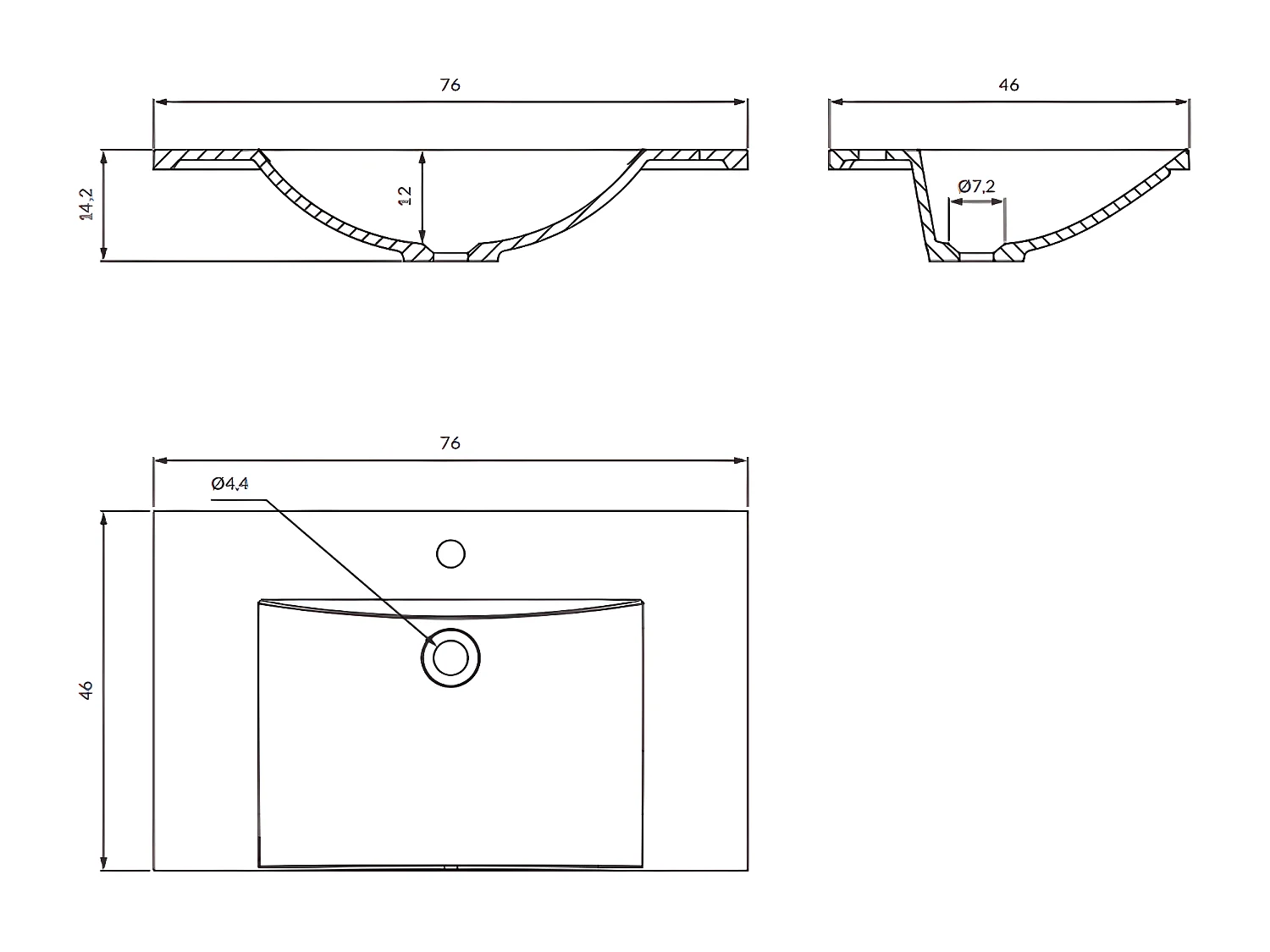 Vasque 76 x 46 cm blanc brillant  bonde de vidage incluse
