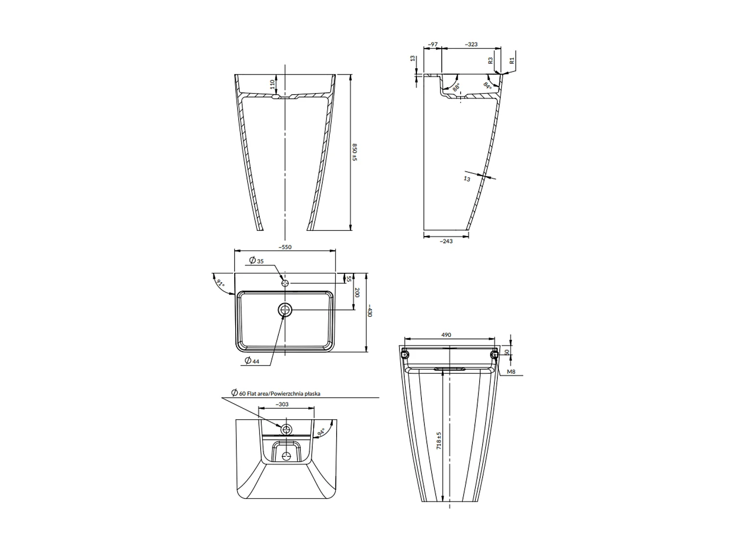 Lavabo PARMA sur pied  55 x 43 cm blanc-noir brillant  bonde de vidage incluse