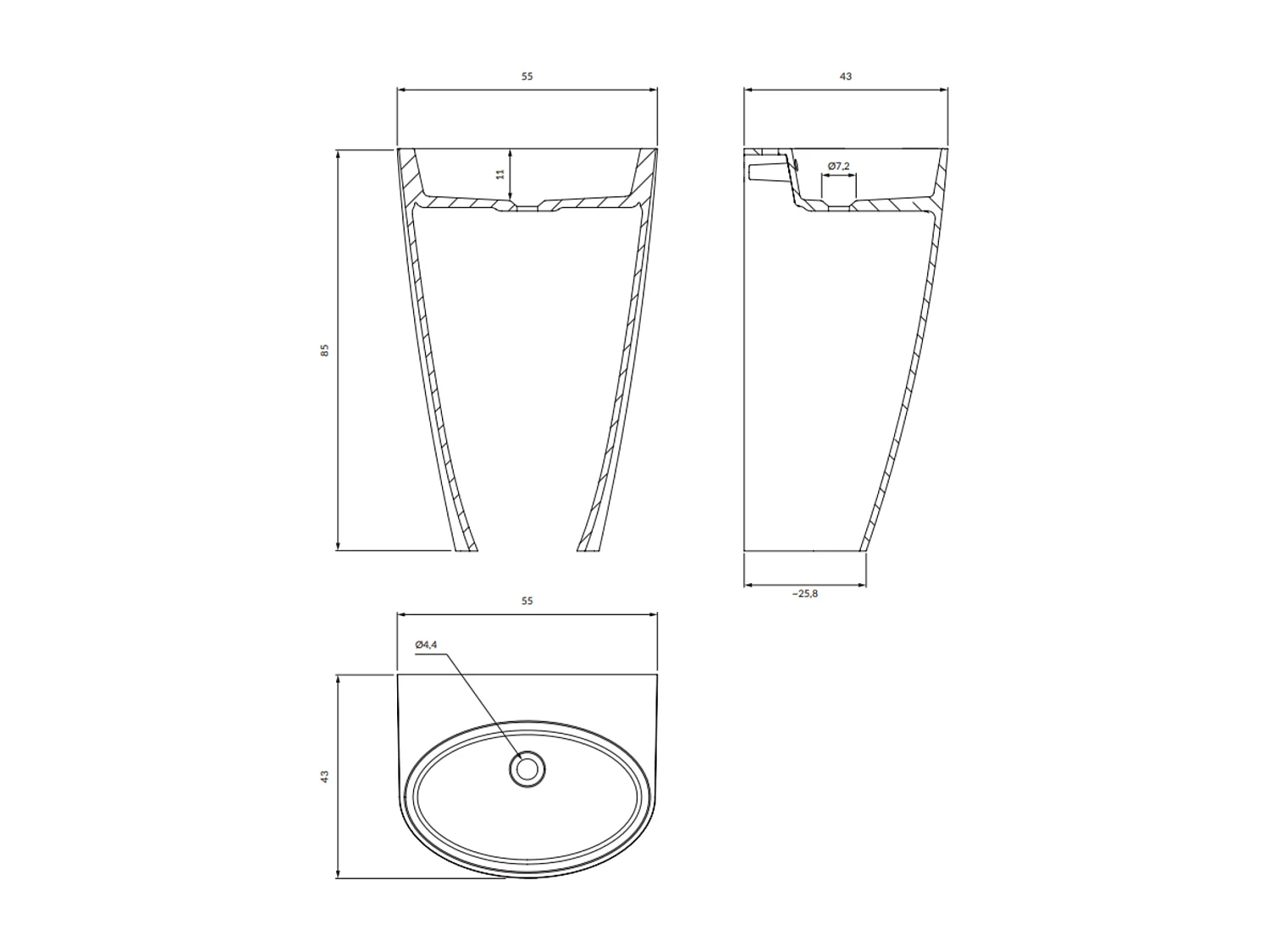 Lavabo sur pied  55 x 43 cm blanc-noir brillant  bonde de vidage inclus