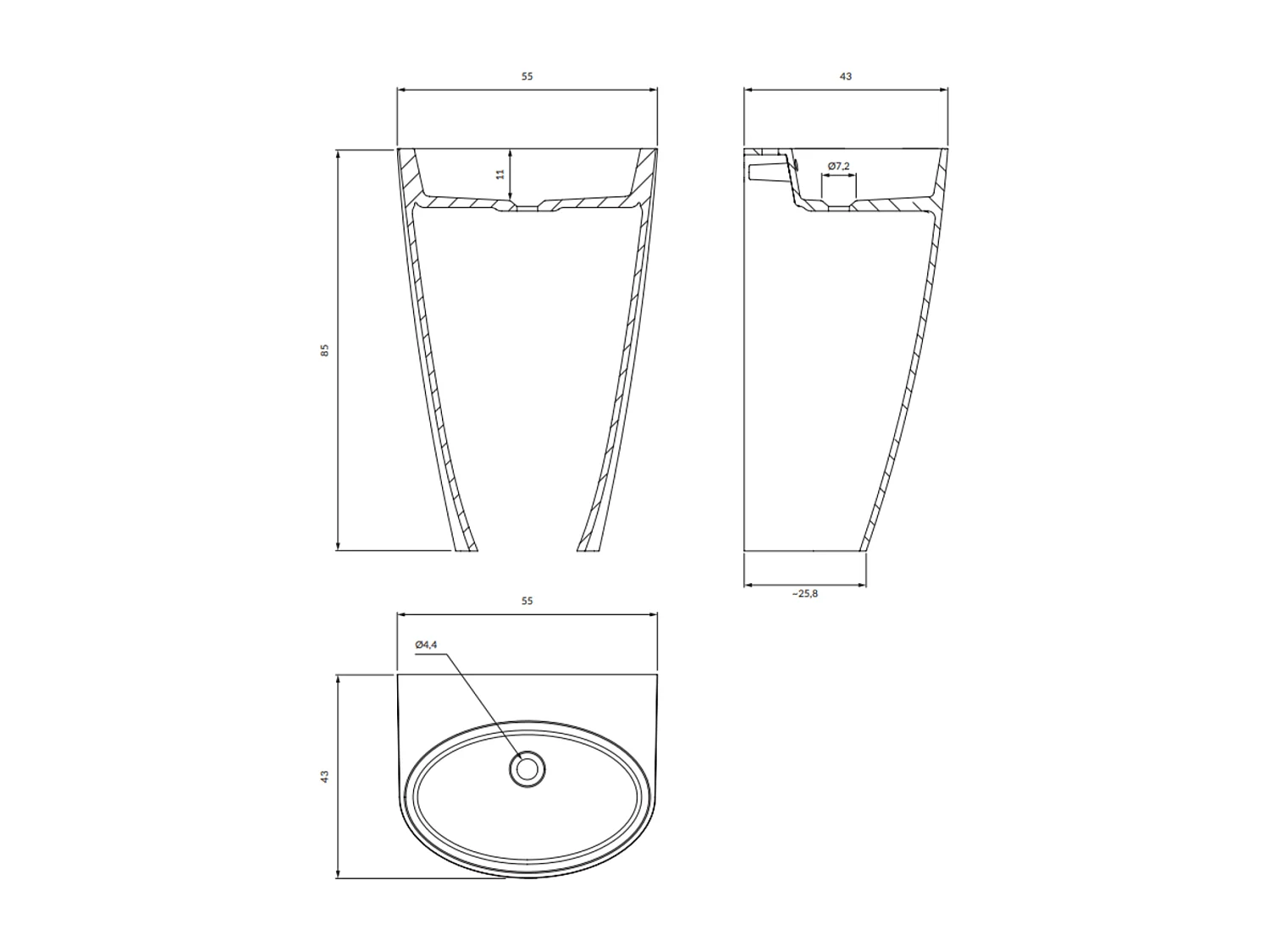 Lavabo sur pied  55 x 43 cm blanc-noir brillant  bonde de vidage inclus