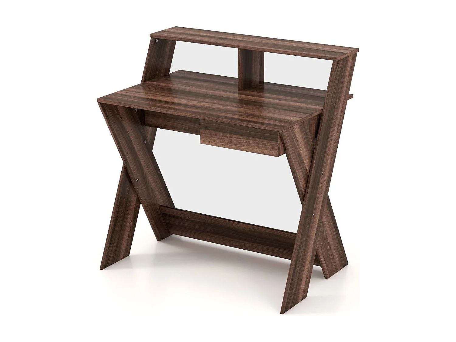 X-förmiger Computertisch mit Schublade & Monitorerhöhung Schreibtisch Walnuss