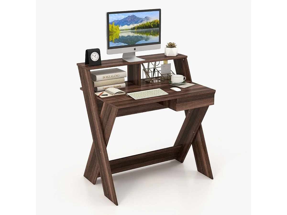 X-förmiger Computertisch mit Schublade & Monitorerhöhung Schreibtisch Walnuss