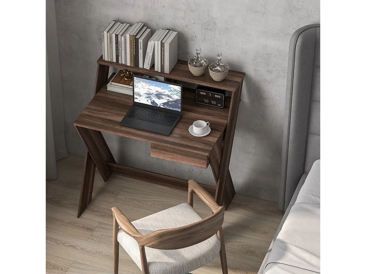 X-förmiger Computertisch mit Schublade & Monitorerhöhung Schreibtisch Walnuss
