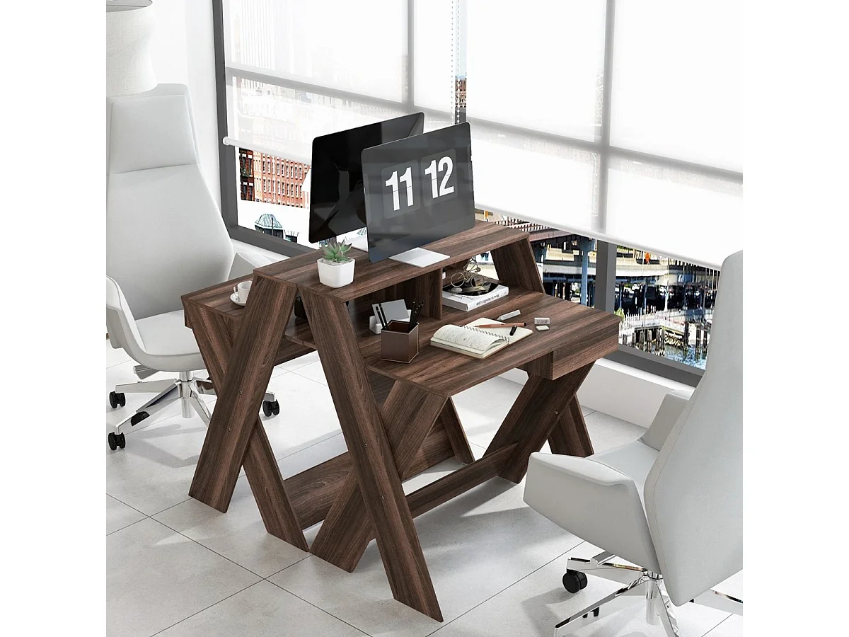 X-förmiger Computertisch mit Schublade & Monitorerhöhung Schreibtisch Walnuss