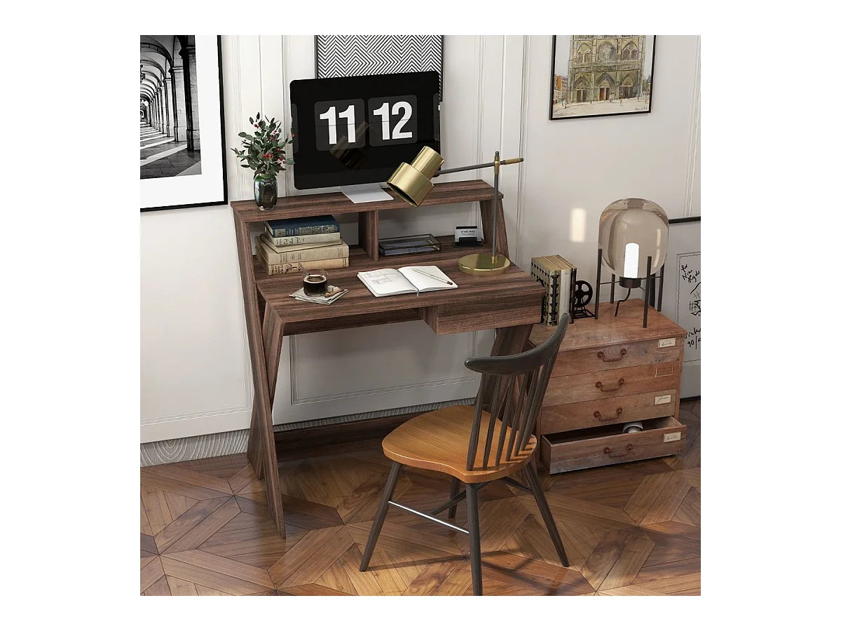 Scrivania per computer con cassetto portaoggetti e supporto per monitor, Tavolo da studio per casa e ufficio Noce