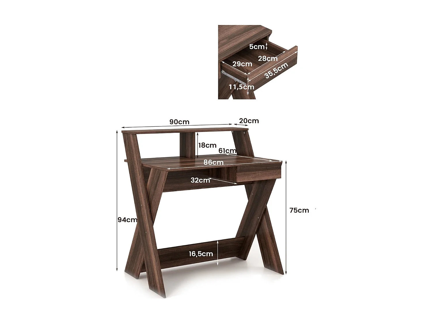 X-förmiger Computertisch mit Schublade & Monitorerhöhung Schreibtisch Walnuss