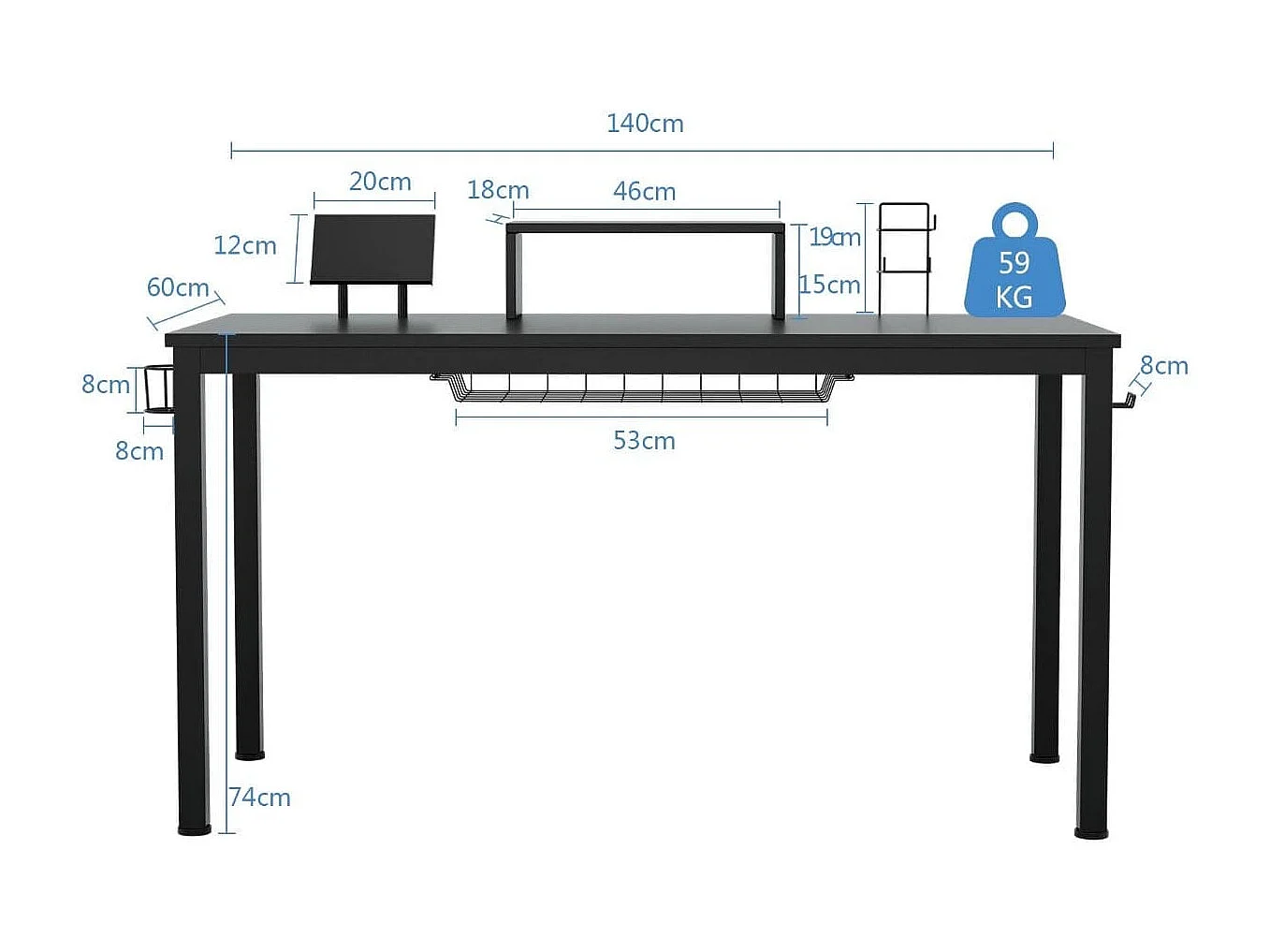 140cm Schreibtisch mit Monitorablage Computertisch Gaming Tisch mit Getränkehalter Kopfhörerhaken Schwarz