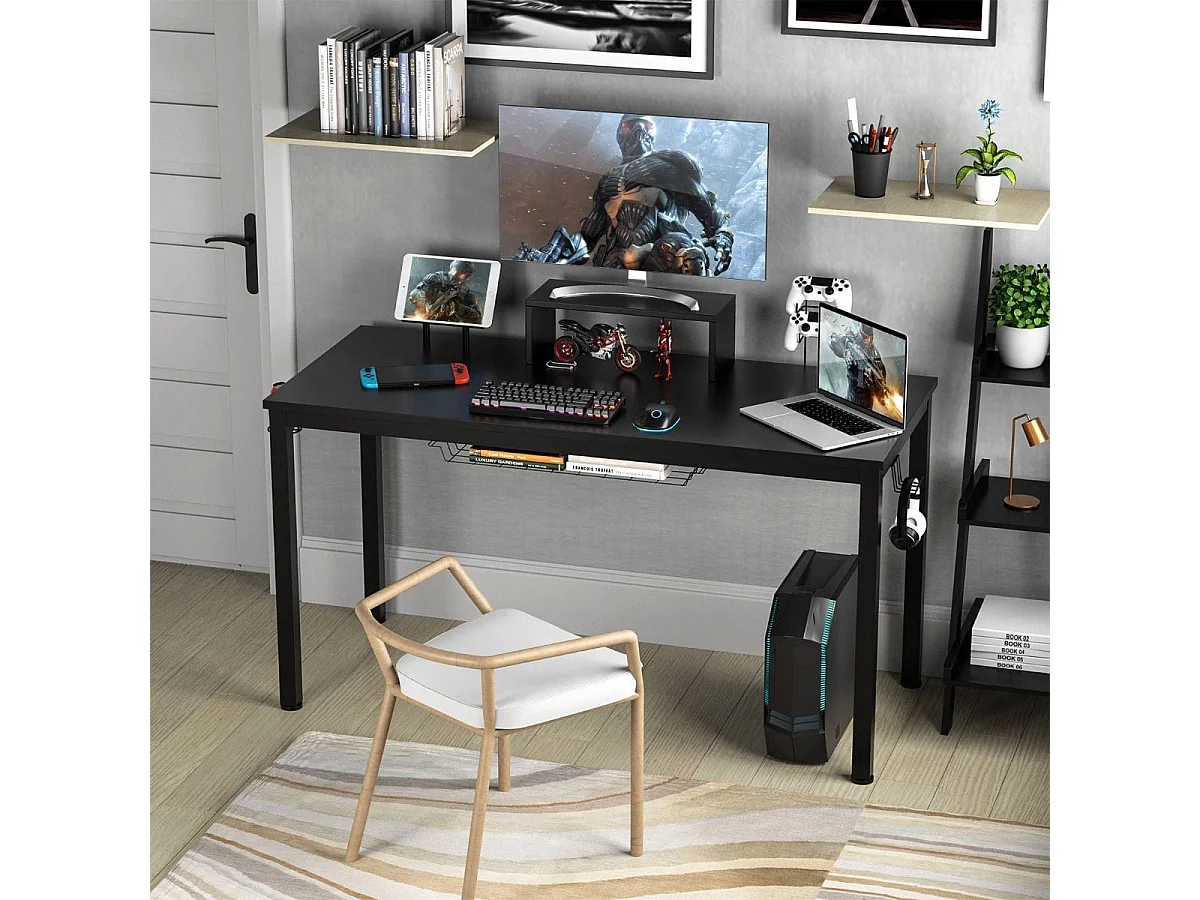 140cm Schreibtisch mit Monitorablage Computertisch Gaming Tisch mit Getränkehalter Kopfhörerhaken Schwarz