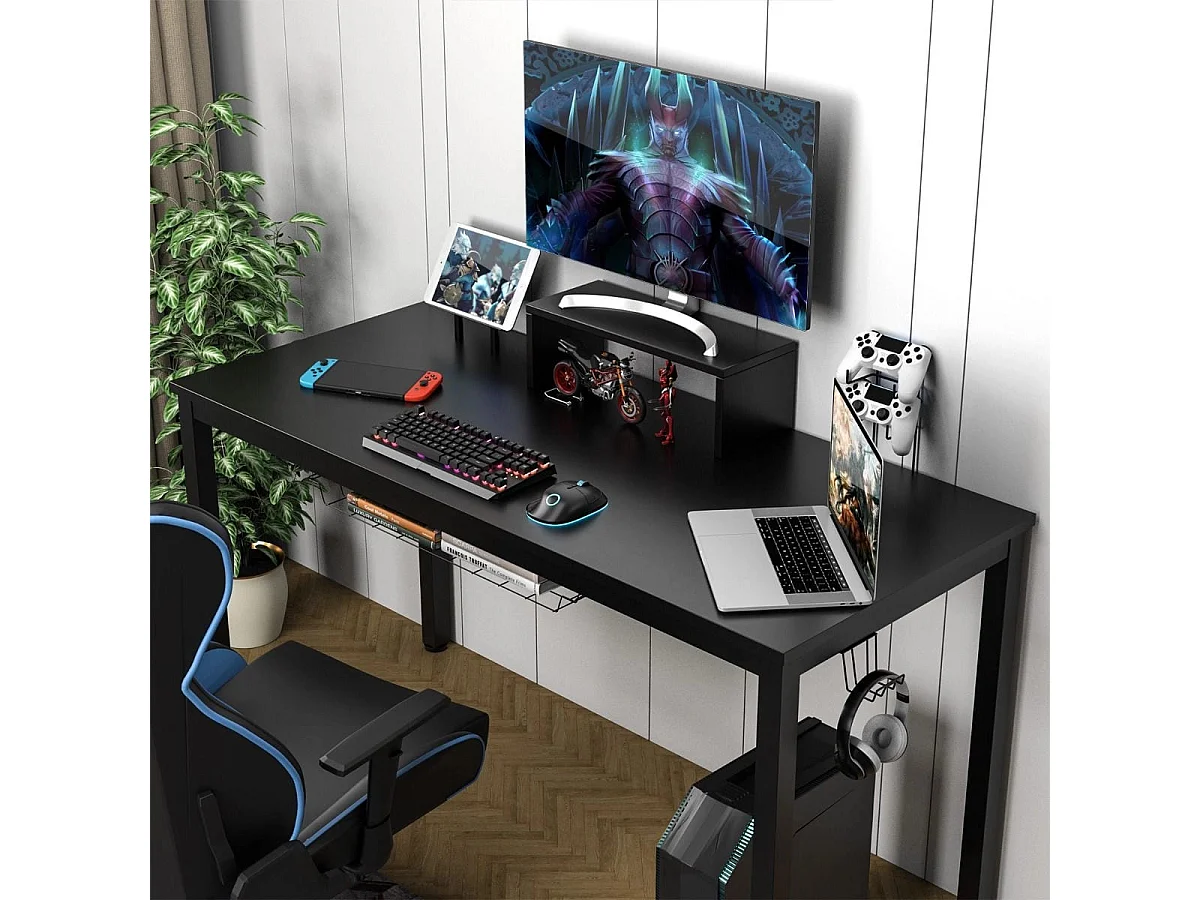 140cm Schreibtisch mit Monitorablage Computertisch Gaming Tisch mit Getränkehalter Kopfhörerhaken Schwarz