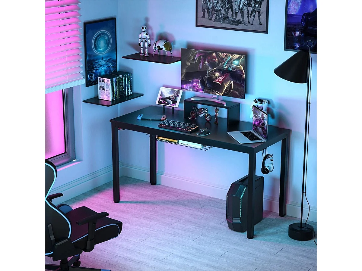 140cm Schreibtisch mit Monitorablage Computertisch Gaming Tisch mit Getränkehalter Kopfhörerhaken Schwarz