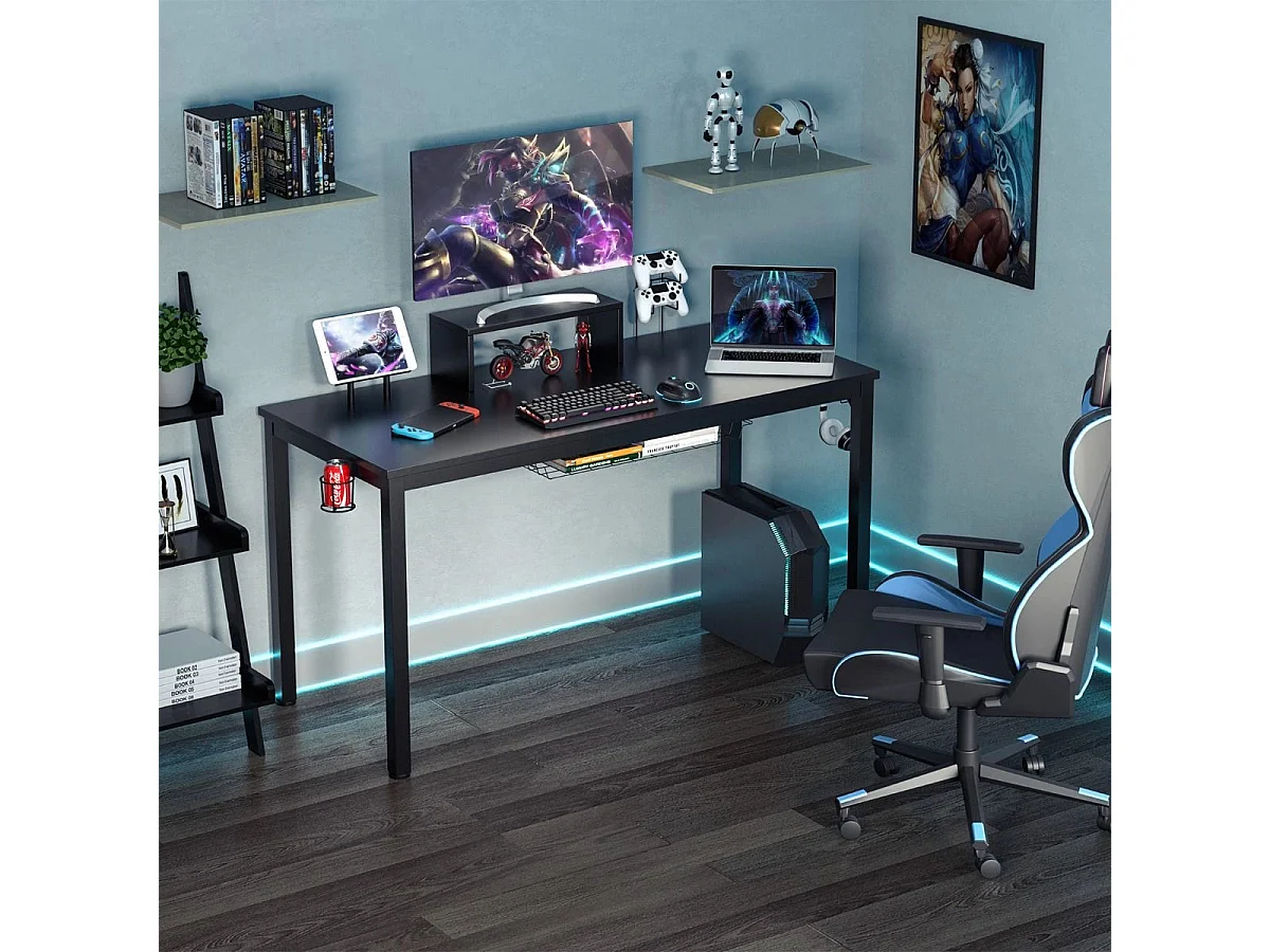 140cm Schreibtisch mit Monitorablage Computertisch Gaming Tisch mit Getränkehalter Kopfhörerhaken Schwarz