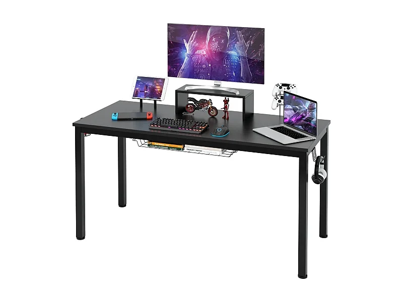 140cm Schreibtisch mit Monitorablage Computertisch Gaming Tisch mit Getränkehalter Kopfhörerhaken Schwarz