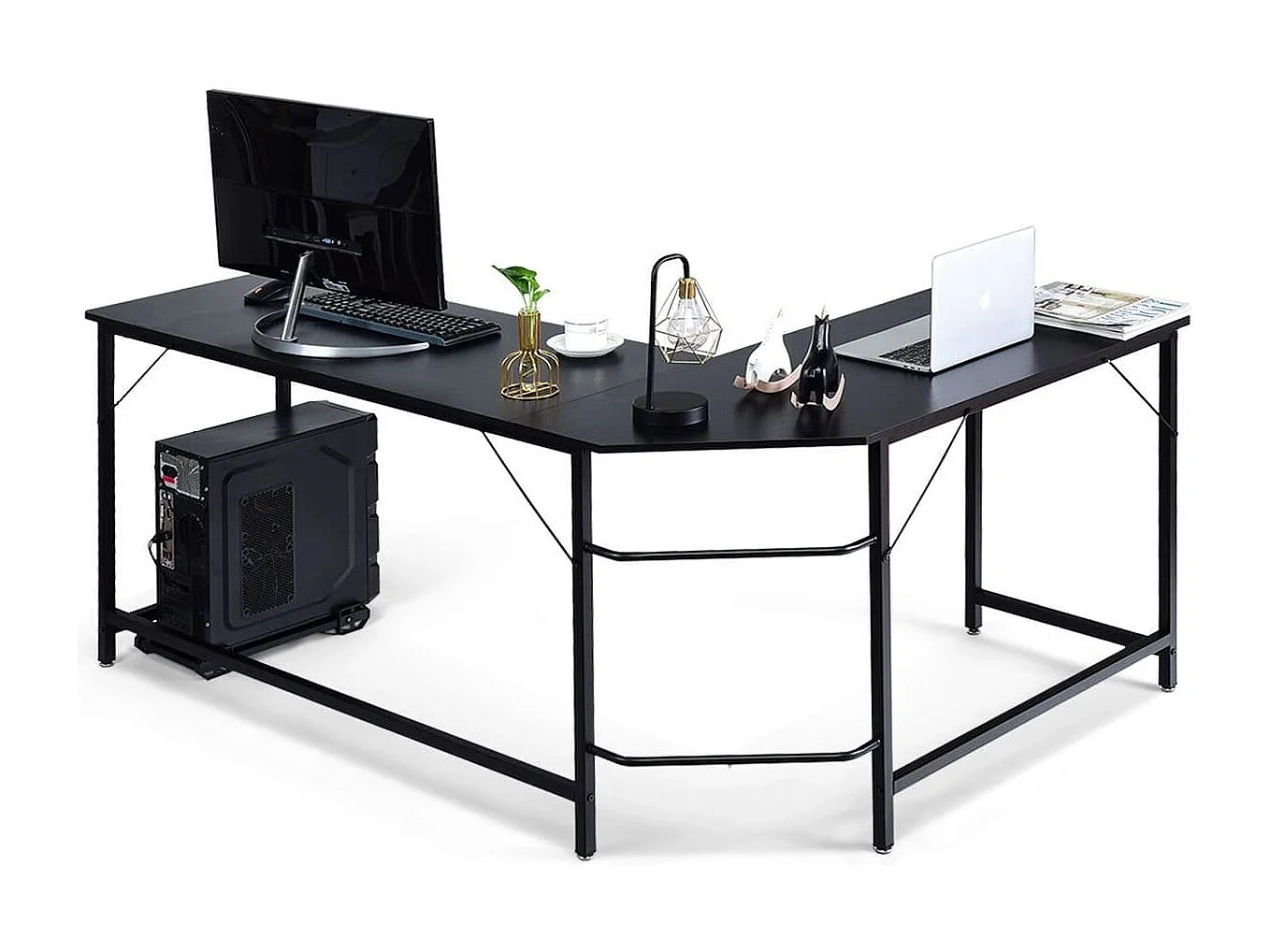 Bureau D'angle Grand Bureau en Forme de L Supporte D'unité Centrale en Bois et Métal 168x125x74cm Noir