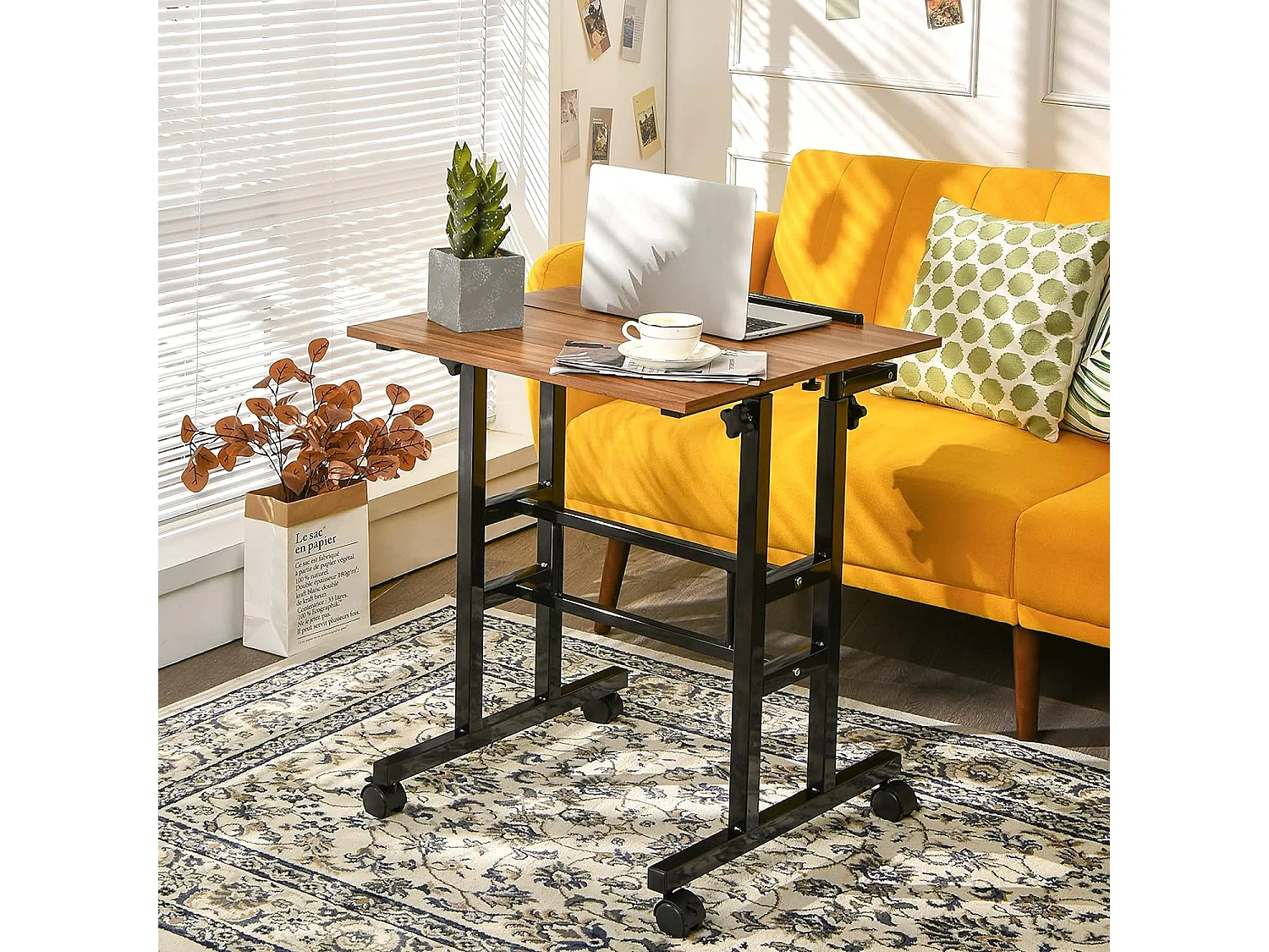 Steh-Sitz-Schreibtisch mit Rollen Computertisch für Computer Einstellbare Höhe Neigbare Arbeitsstation Nussbaum