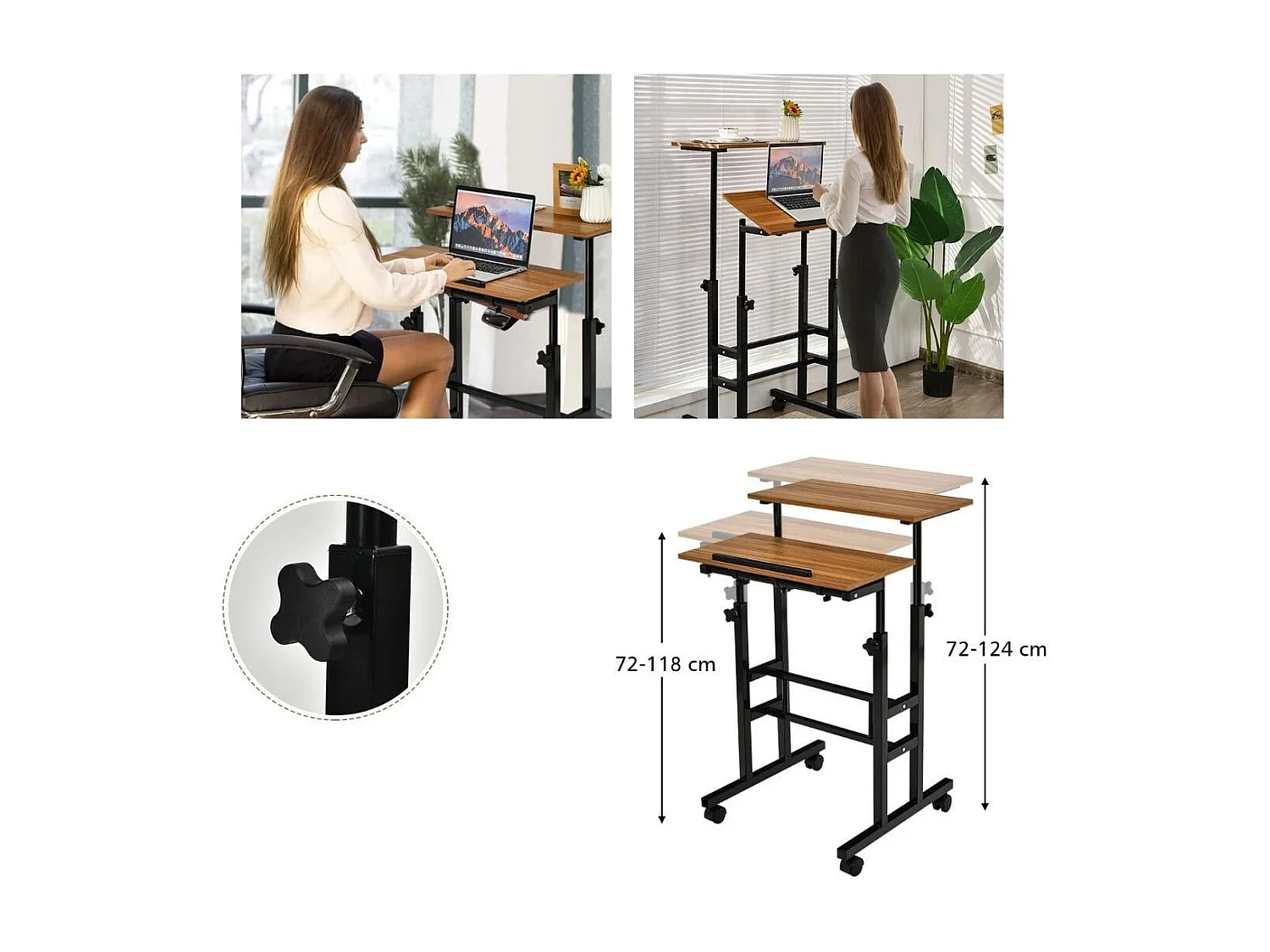 Steh-Sitz-Schreibtisch mit Rollen Computertisch für Computer Einstellbare Höhe Neigbare Arbeitsstation Nussbaum