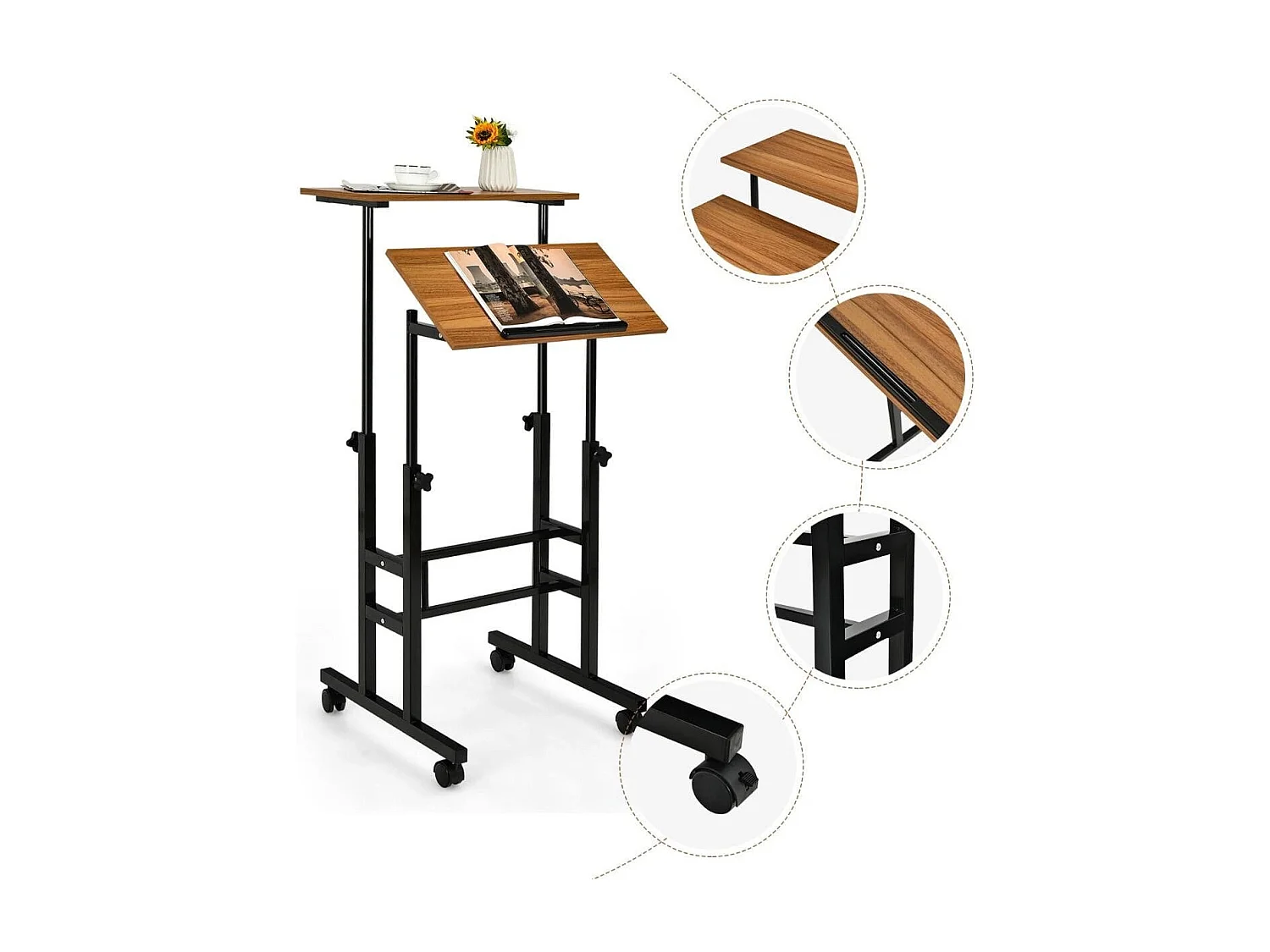 Steh-Sitz-Schreibtisch mit Rollen Computertisch für Computer Einstellbare Höhe Neigbare Arbeitsstation Nussbaum