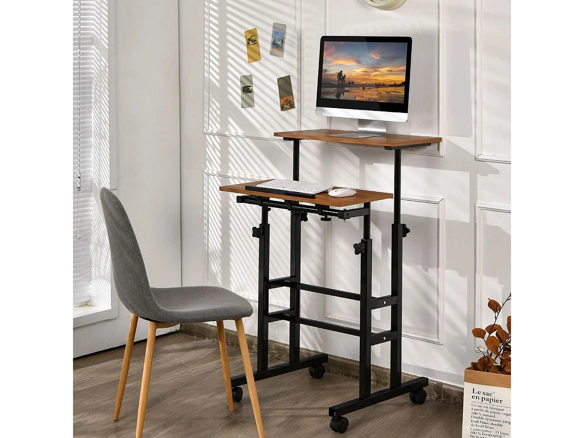 Steh-Sitz-Schreibtisch mit Rollen Computertisch für Computer Einstellbare Höhe Neigbare Arbeitsstation Nussbaum