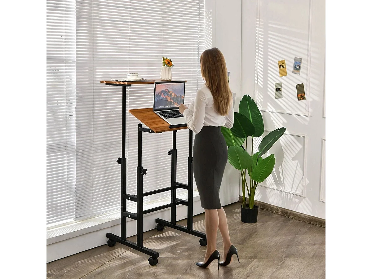 Steh-Sitz-Schreibtisch mit Rollen Computertisch für Computer Einstellbare Höhe Neigbare Arbeitsstation Nussbaum