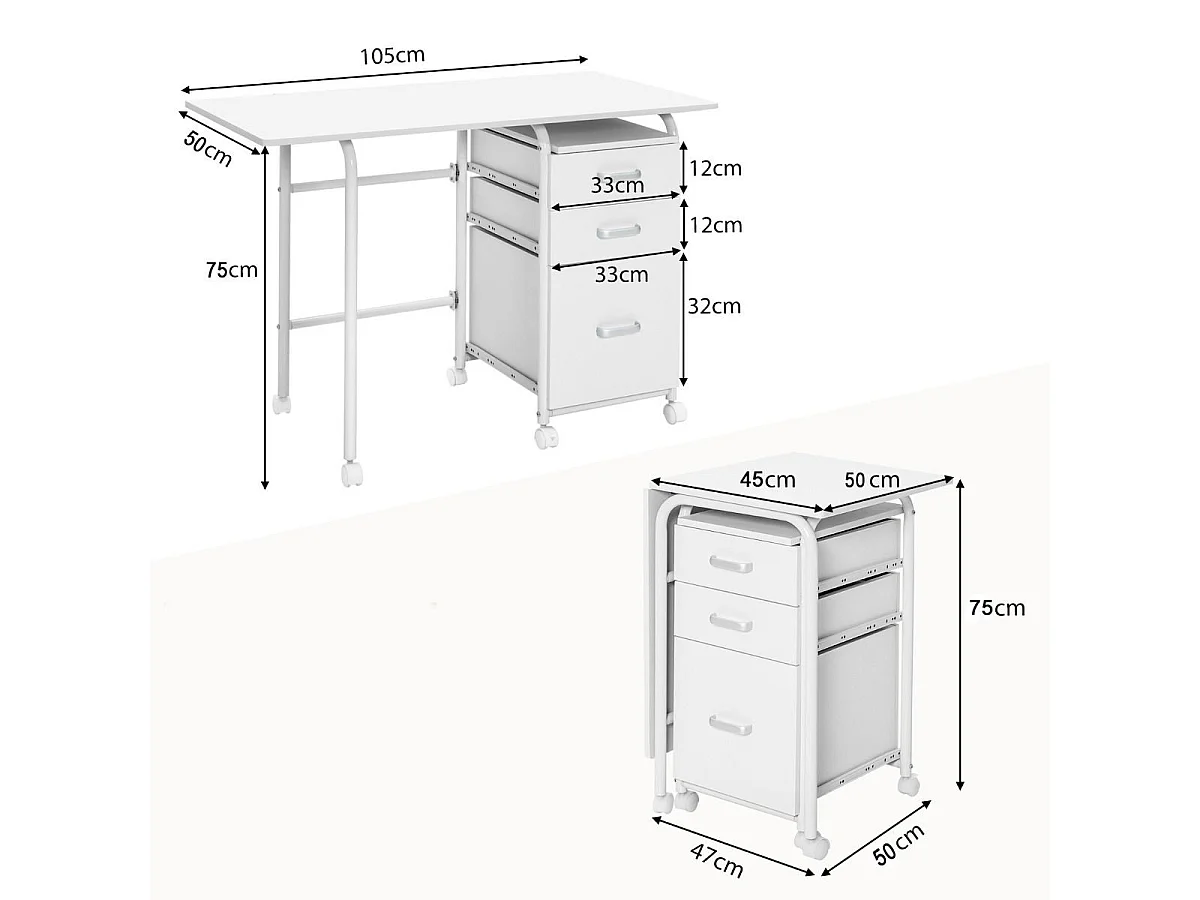 Zusammenklappbarer Schreibtisch mit Rädern Computertisch 105 x 50 x 75 cm Weiß