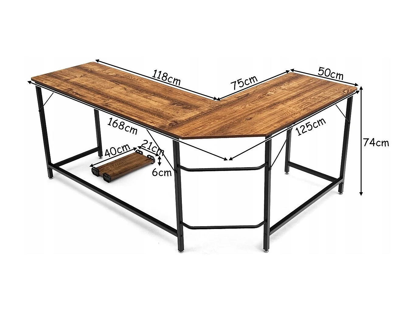 L-Form Computertisch PC Eckschreibtisch Winkelschreibtisch Schwarz/Natur 168 x 125 x 74 cm-Kaffee