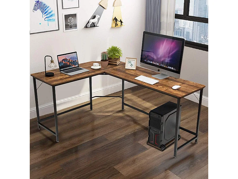 Scrivania ad angolo a forma L per ufficio, Tavolo ampio per computer in legno da casa 168x125x74cm Caffè