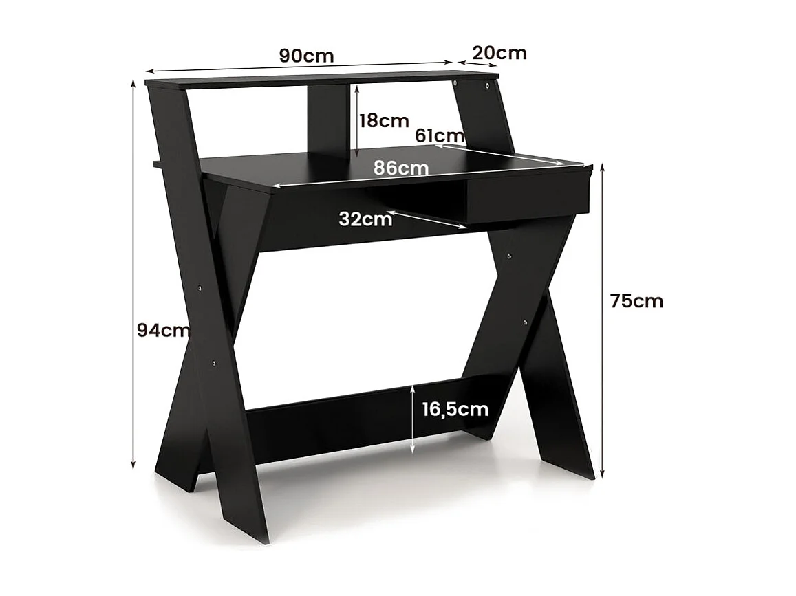 X-förmiger Computertisch mit Schublade & Monitorerhöhung Schreibtisch Schwarz