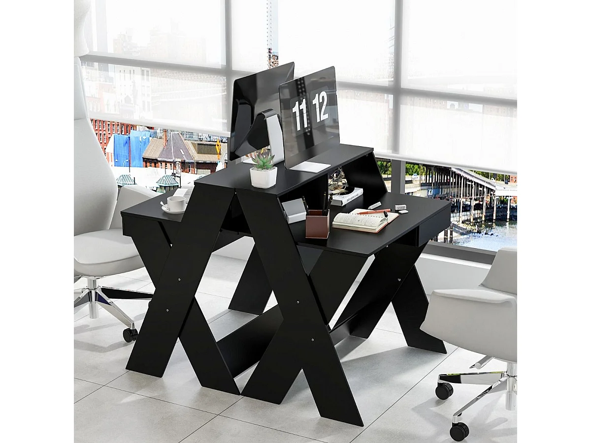 X-förmiger Computertisch mit Schublade & Monitorerhöhung Schreibtisch Schwarz