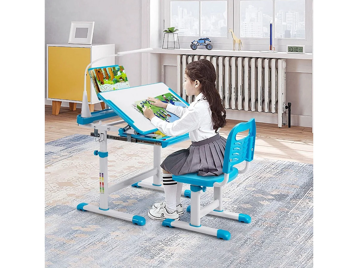 Kindertisch Kinderschreibtisch Set mit Bücherständer & LED-Licht für Jungs & Mädchen Blau