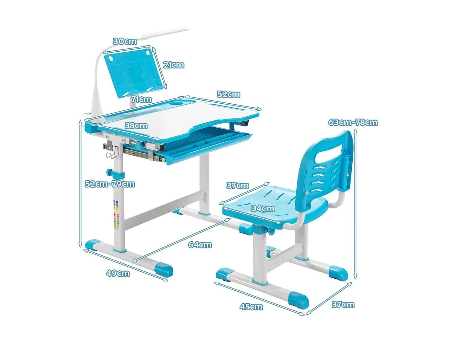 Kindertisch Kinderschreibtisch Set mit Bücherständer & LED-Licht für Jungs & Mädchen Blau