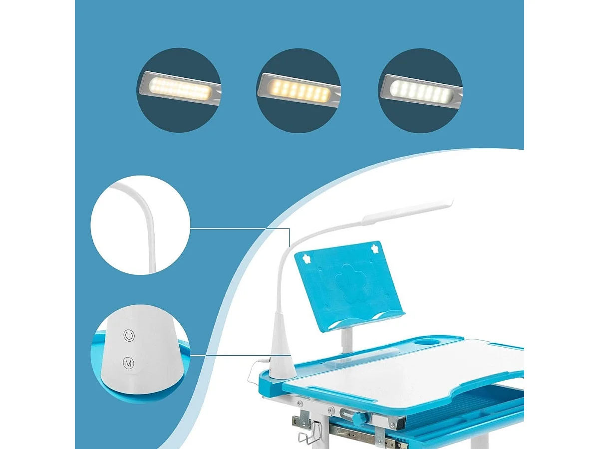 Kindertisch Kinderschreibtisch Set mit Bücherständer & LED-Licht für Jungs & Mädchen Blau