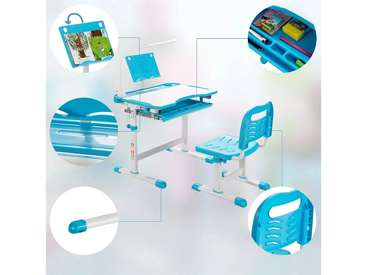 Kindertisch Kinderschreibtisch Set mit Bücherständer & LED-Licht für Jungs & Mädchen Blau