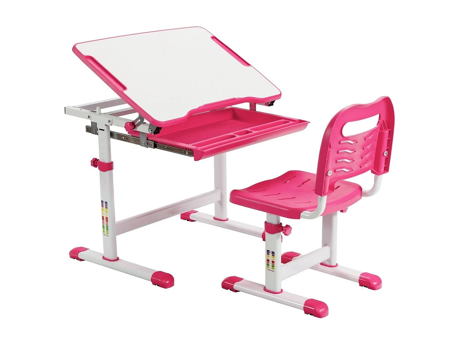 Bureau Enfant à Hauteur Réglable Inclinable 0-45° Ensemble Table et Chaise avec Plateau 1 Tiroir et Crochet en Métal Rose