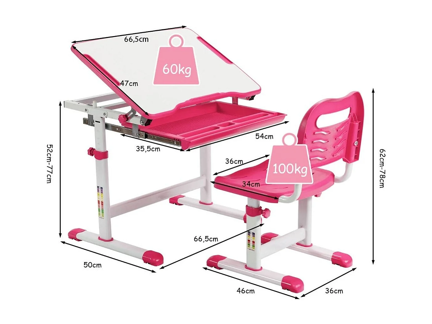 Bureau Enfant à Hauteur Réglable Inclinable 0-45° Ensemble Table et Chaise avec Plateau 1 Tiroir et Crochet en Métal Rose