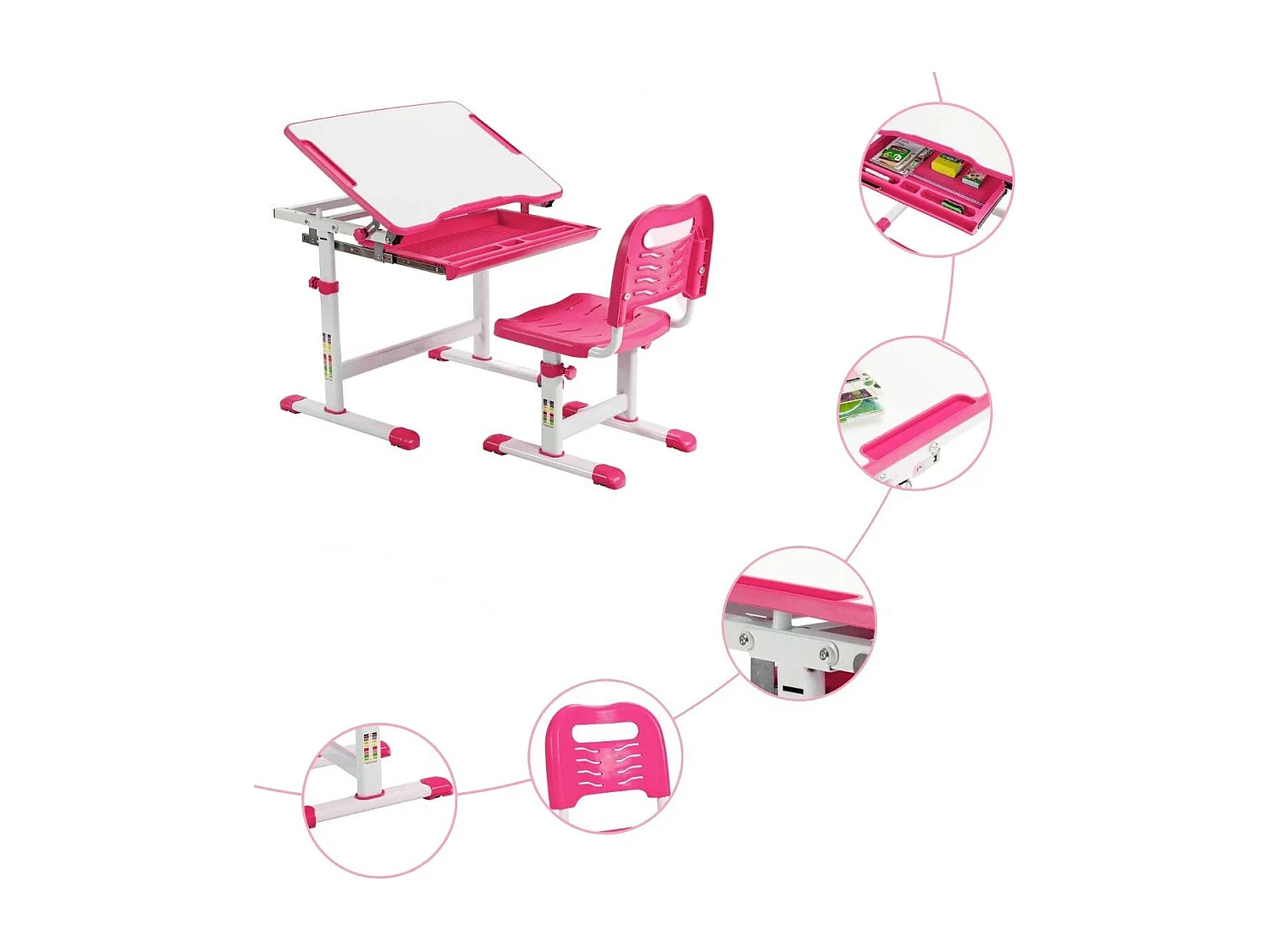 Bureau Enfant à Hauteur Réglable Inclinable 0-45° Ensemble Table et Chaise avec Plateau 1 Tiroir et Crochet en Métal Rose