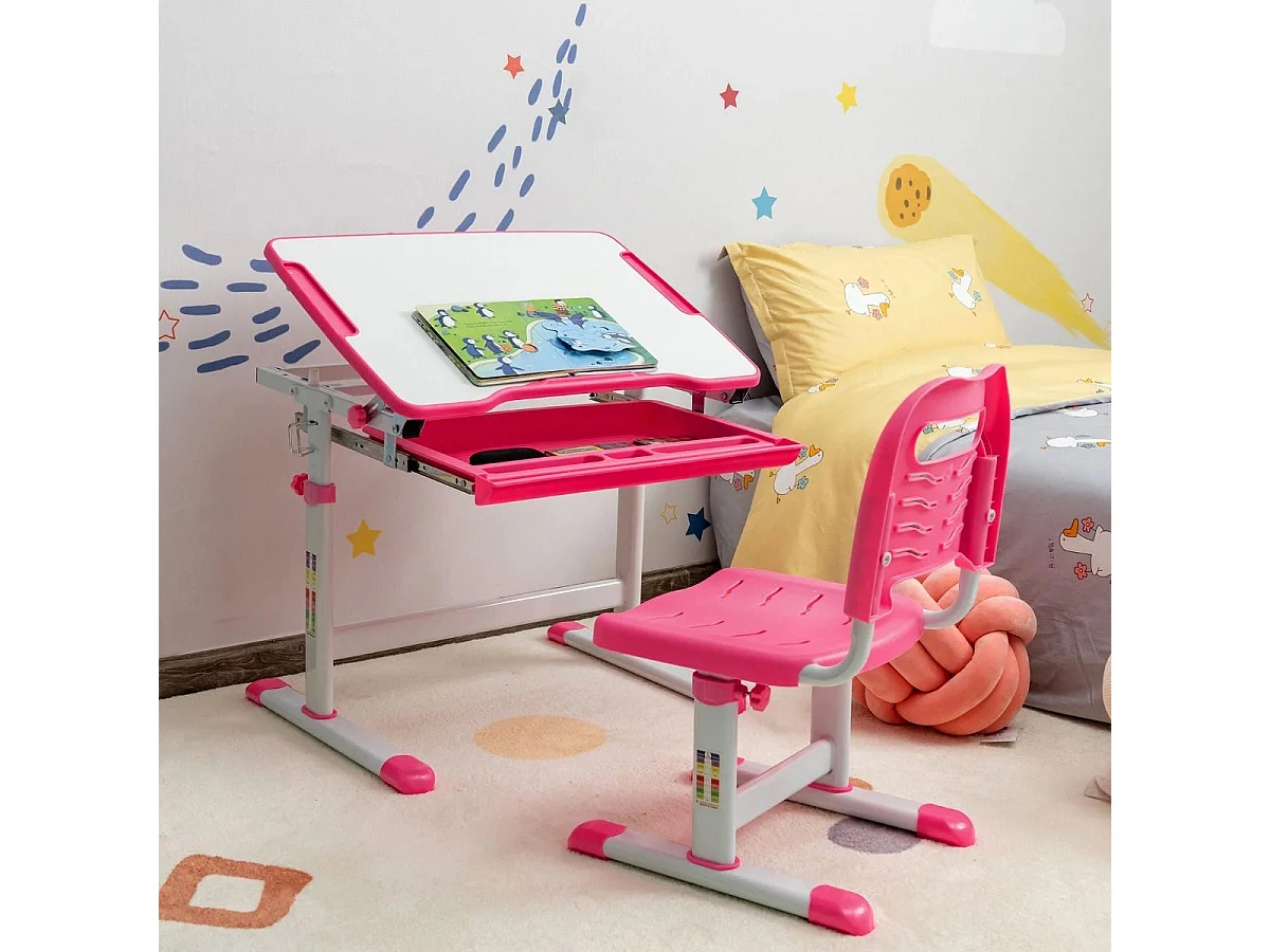 Bureau Enfant à Hauteur Réglable Inclinable 0-45° Ensemble Table et Chaise avec Plateau 1 Tiroir et Crochet en Métal Rose