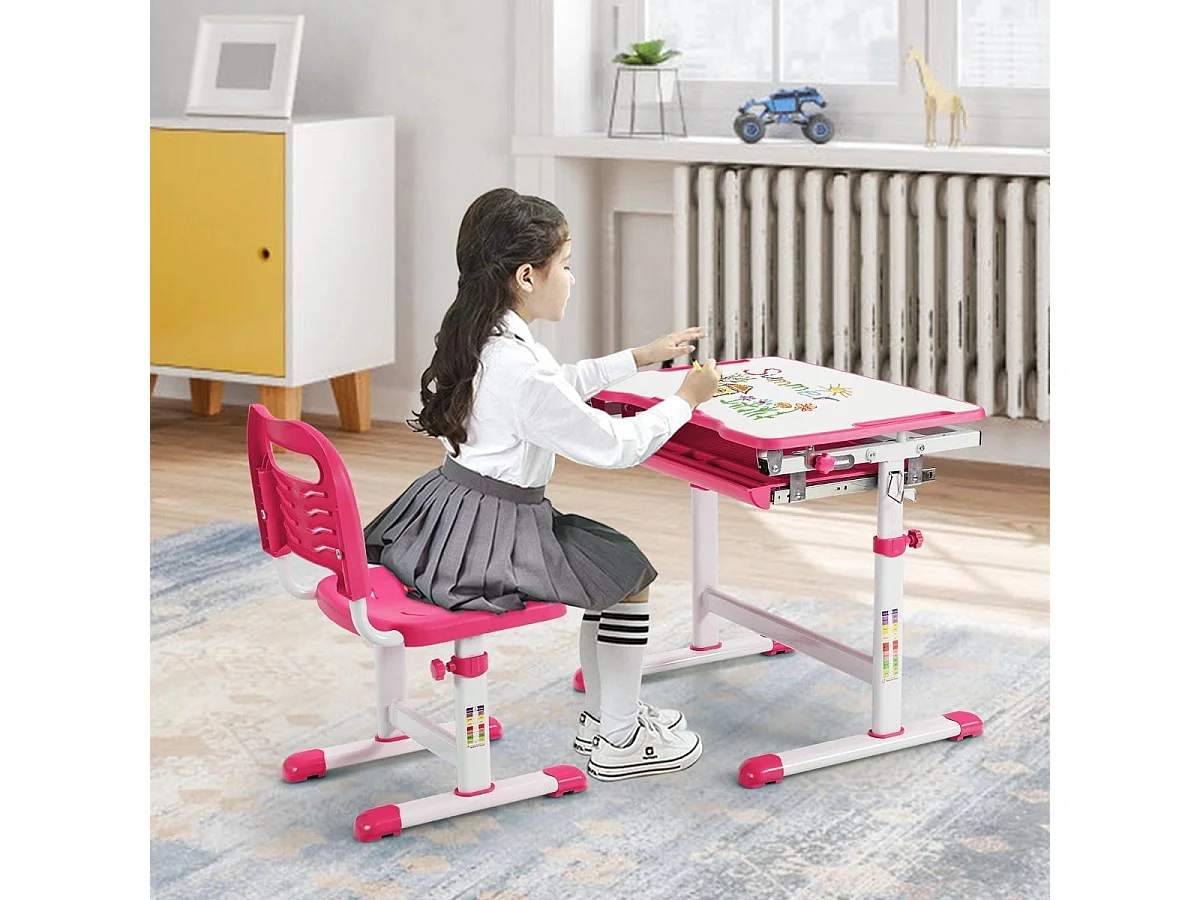 Bureau Enfant à Hauteur Réglable Inclinable 0-45° Ensemble Table et Chaise avec Plateau 1 Tiroir et Crochet en Métal Rose