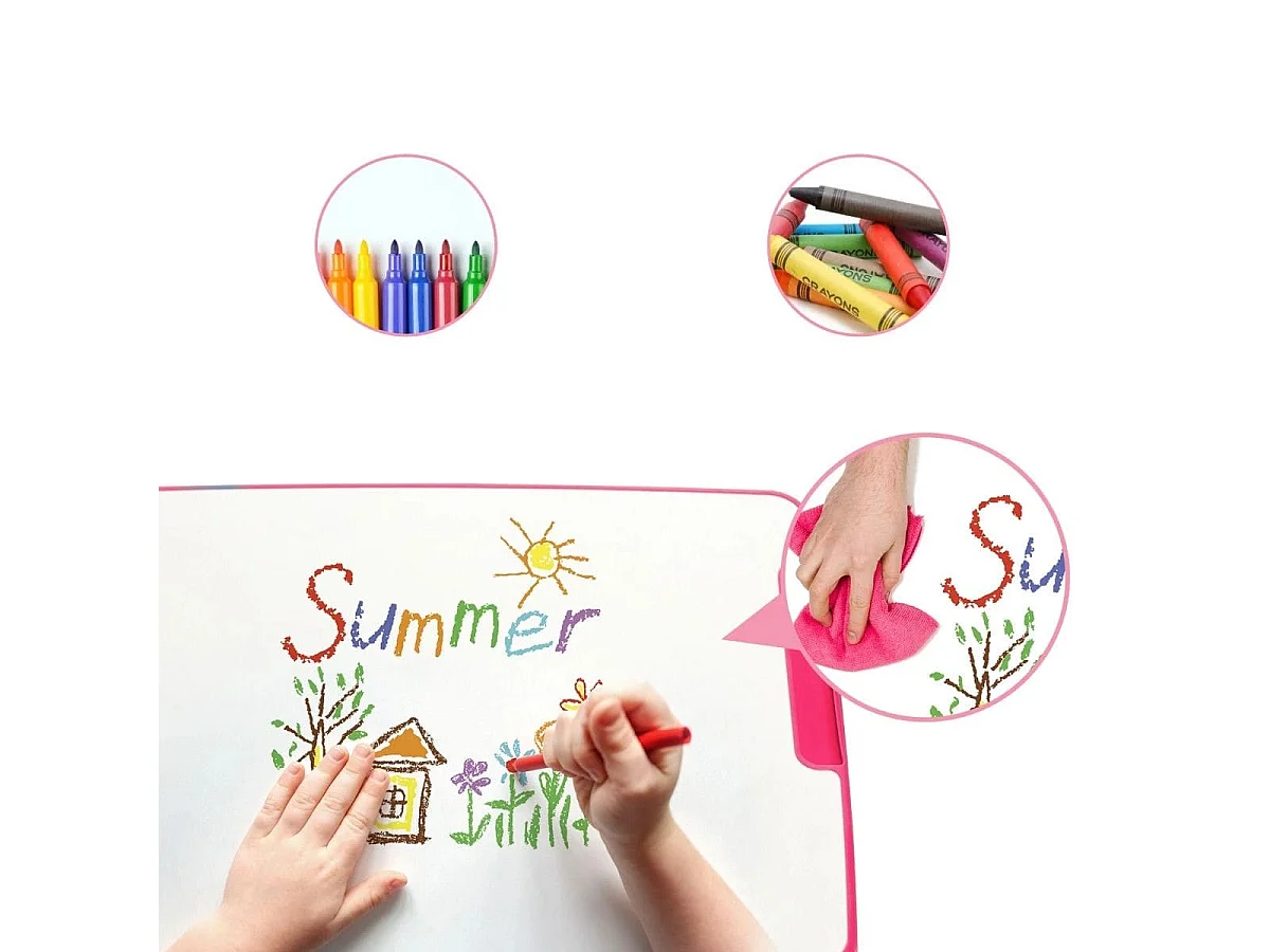 Höhenverstellbares Kinderschreibtisch Set mit Neigbarer Tischplatte & Schublade Rosa