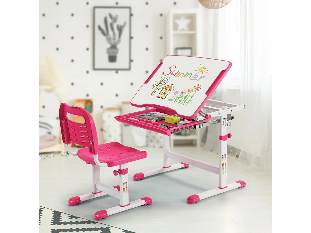 Höhenverstellbares Kinderschreibtisch Set mit Neigbarer Tischplatte & Schublade Rosa