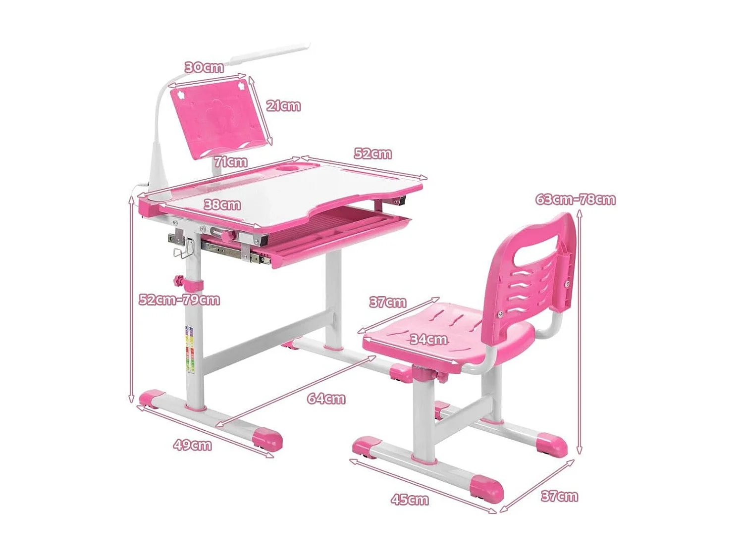 Kindertisch Kinderschreibtisch Set mit Bücherständer & LED-Licht für Jungs & Mädchen Rosa