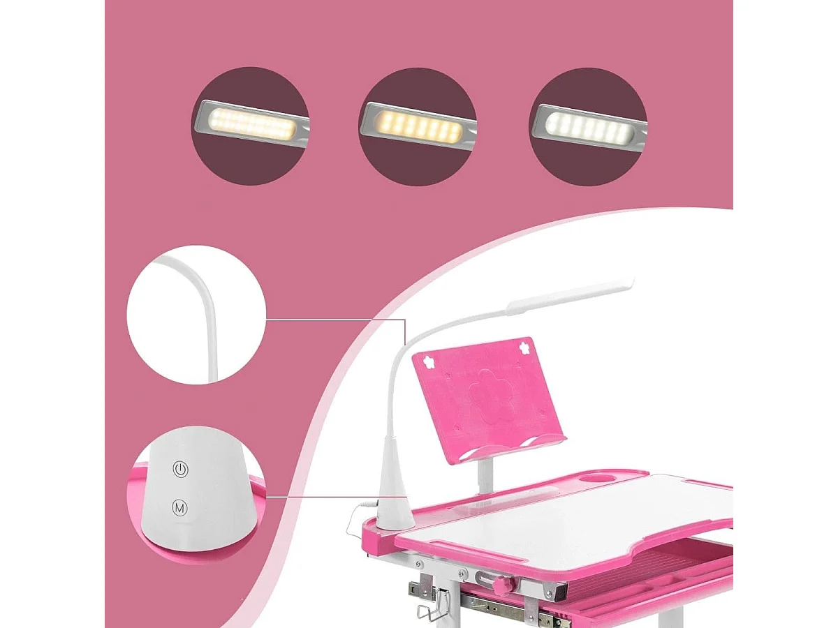 Kindertisch Kinderschreibtisch Set mit Bücherständer & LED-Licht für Jungs & Mädchen Rosa