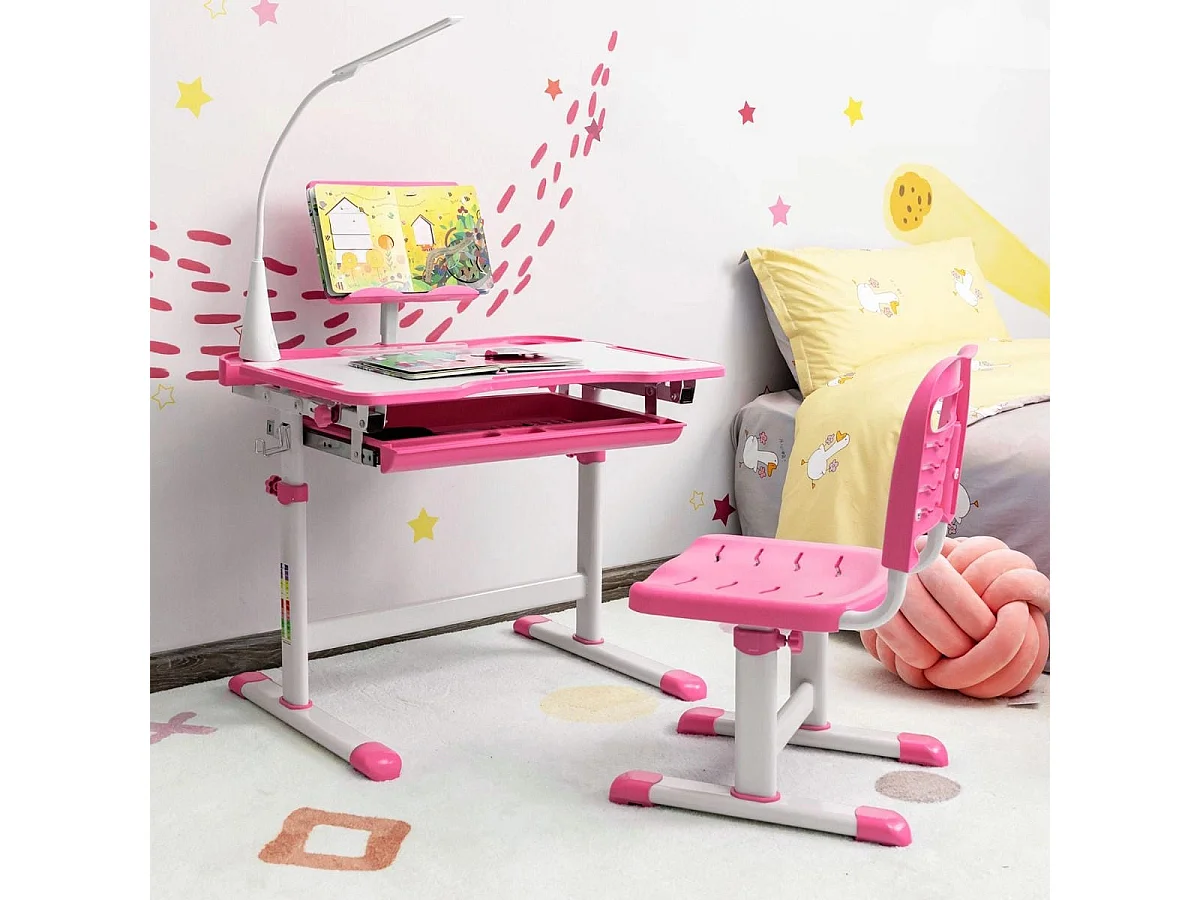 Kindertisch Kinderschreibtisch Set mit Bücherständer & LED-Licht für Jungs & Mädchen Rosa