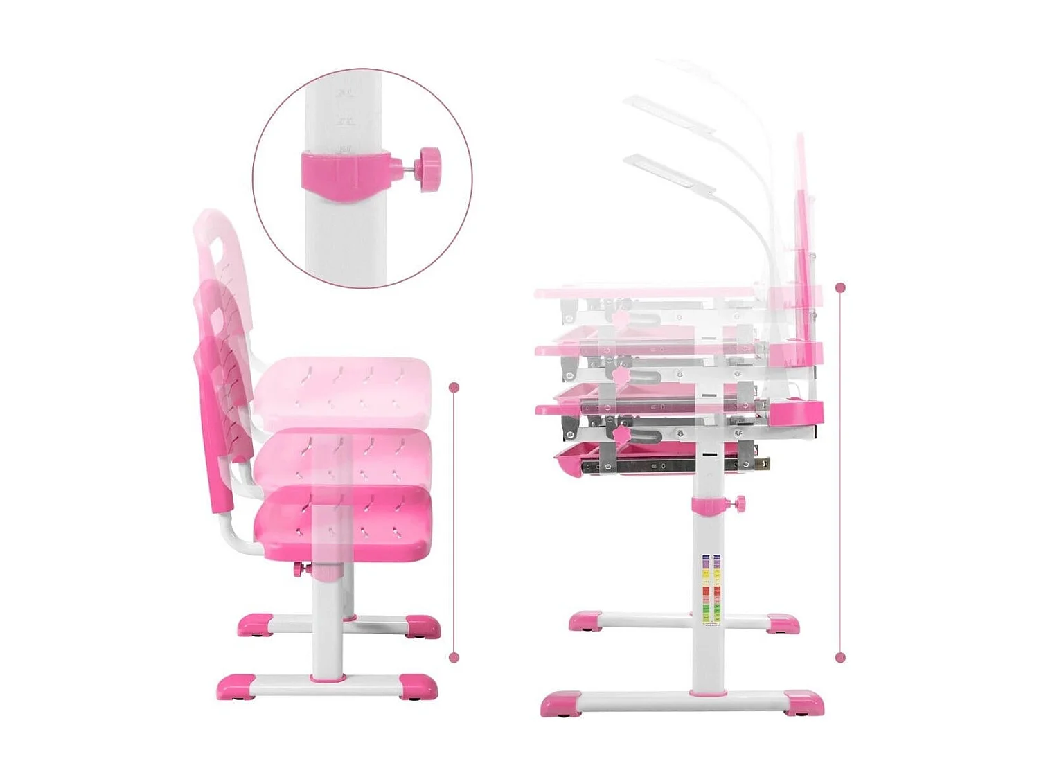 Kindertisch Kinderschreibtisch Set mit Bücherständer & LED-Licht für Jungs & Mädchen Rosa