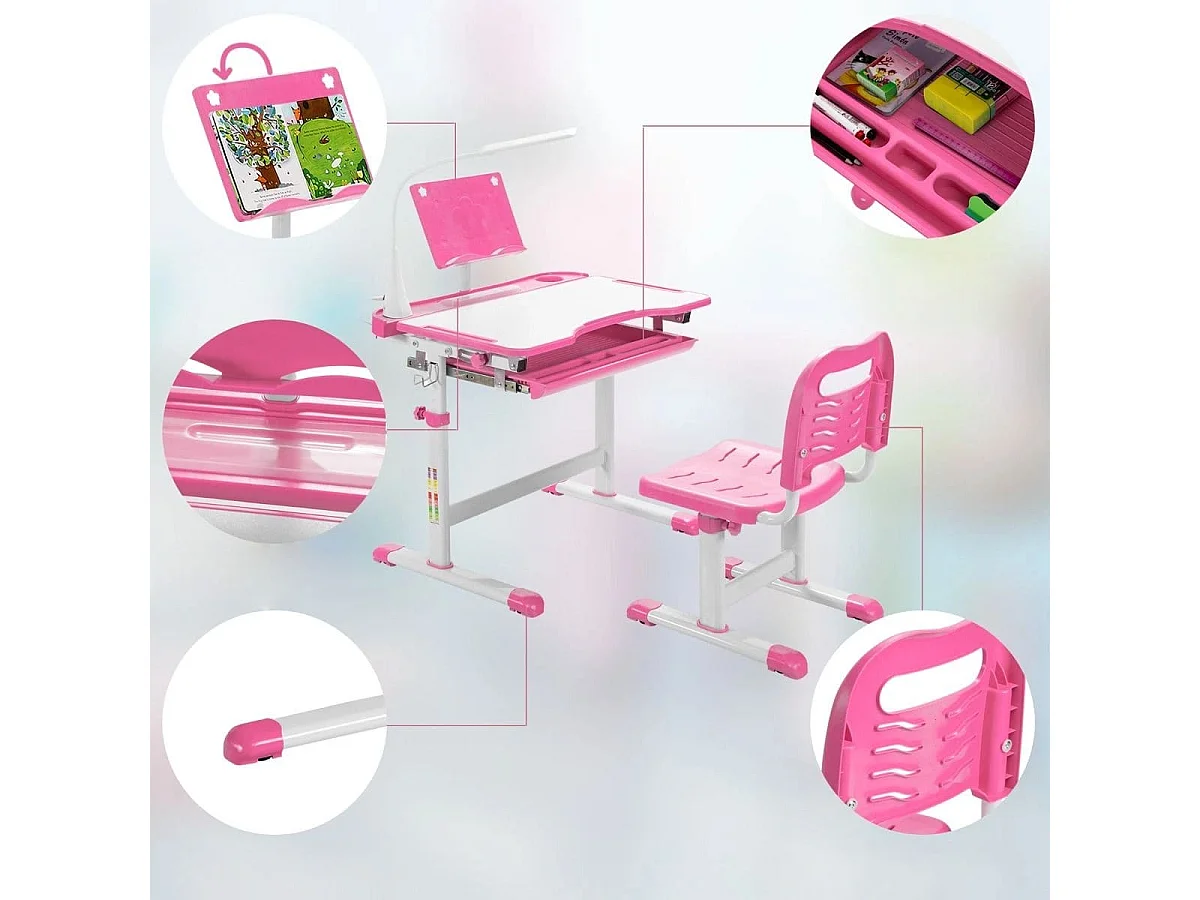 Kindertisch Kinderschreibtisch Set mit Bücherständer & LED-Licht für Jungs & Mädchen Rosa